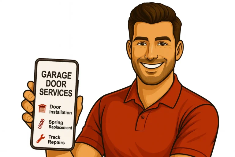 Garage door technician showing sms quote include installation, spring replacement, and track repair