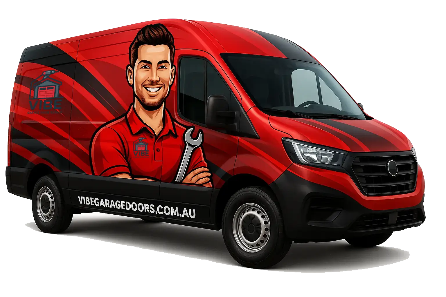 Vibe Garage Door Repair service van in Sydney with custom branding and technician illustration