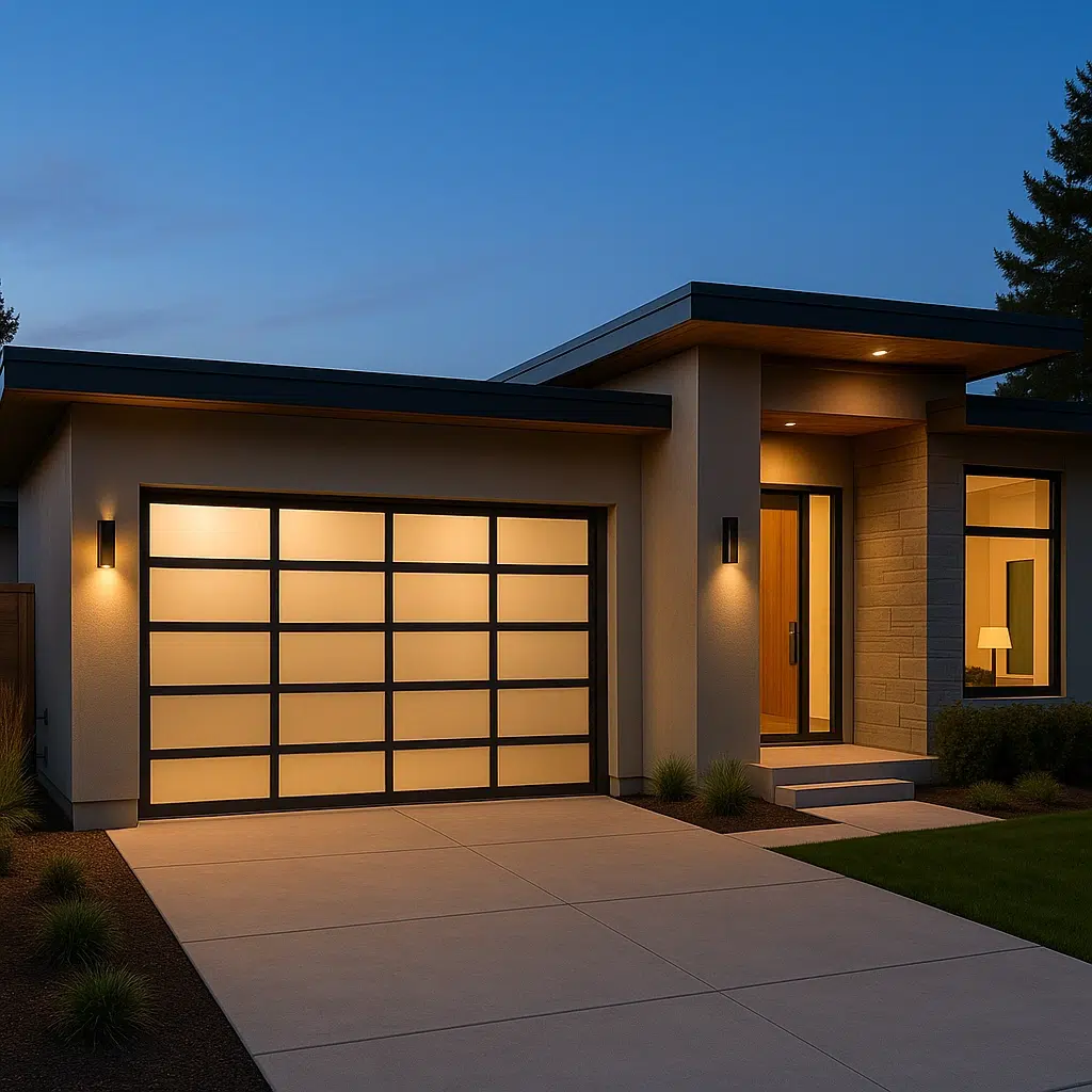 Garage door with frosted glass panels and aluminum frame