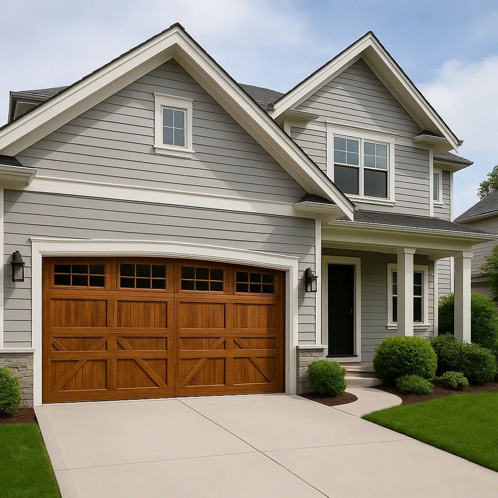 Automatic garage door with vertical slats in natural wood style