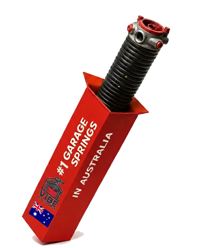 Garage door torsion spring emerging from a red Vibe Garage Springs box, labeled #1 Garage Springs in Australia, with the Australian flag printed on the box.